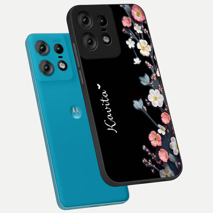  Black Elegance Floral Custom Name phone case For Moto Edge50 Pro showing premium glass back cover with detailed artwork
