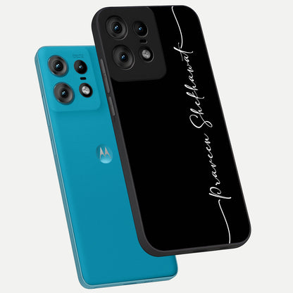  Black Tune Custom Name phone case For Moto Edge50 Pro showing premium glass back cover with detailed artwork