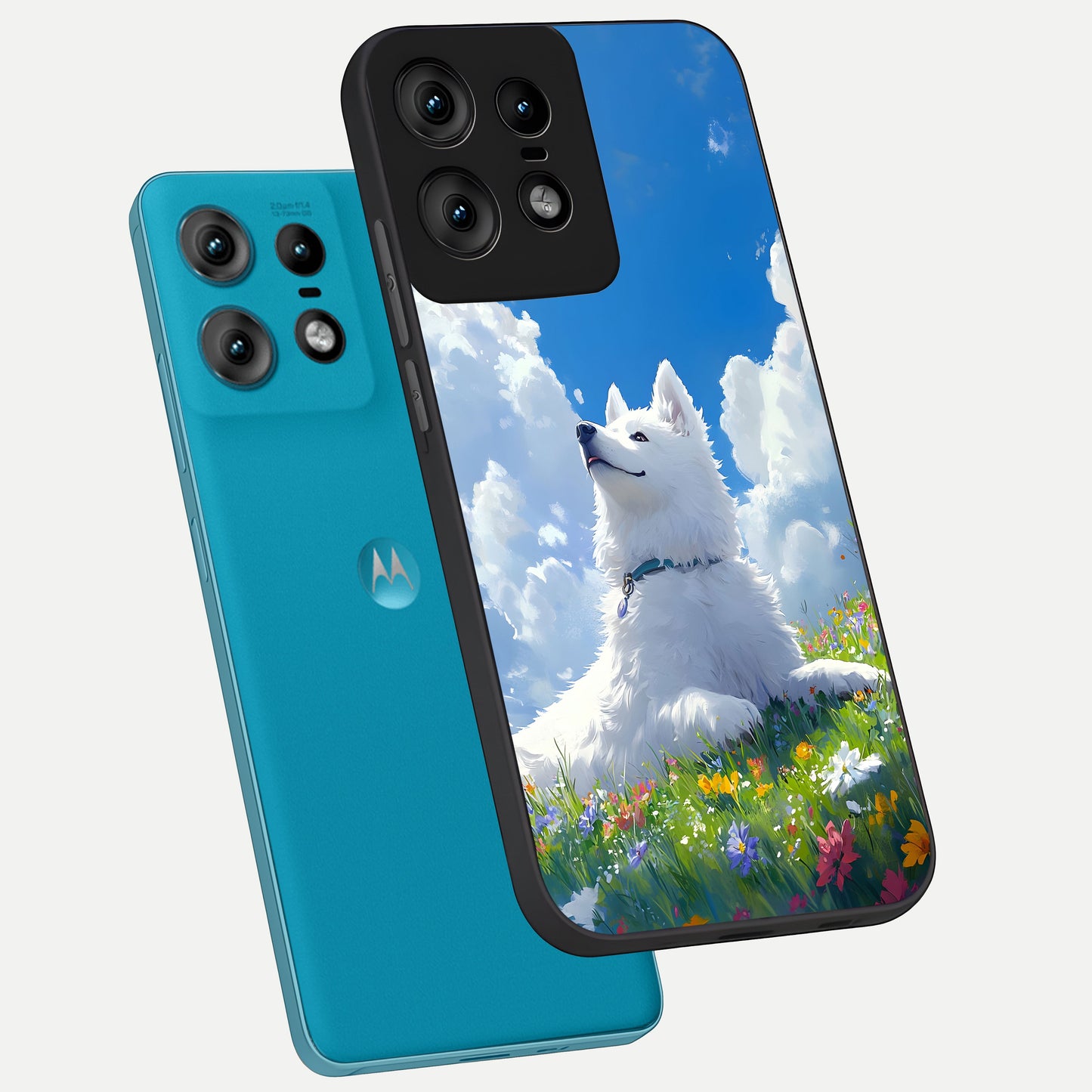  Blissful Cloud Pup phone case For Moto Edge50 Pro showing premium glass back cover with detailed artwork