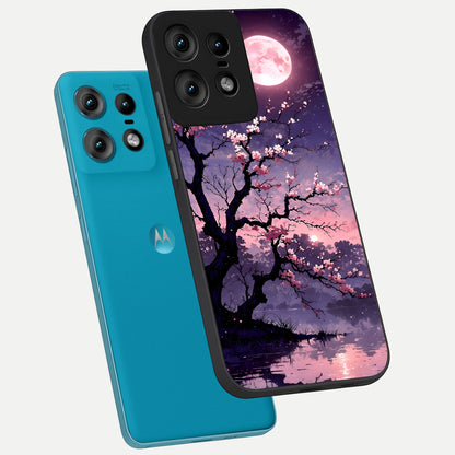  Blossom Pink Moon phone case For Moto Edge50 Pro showing premium glass back cover with detailed artwork