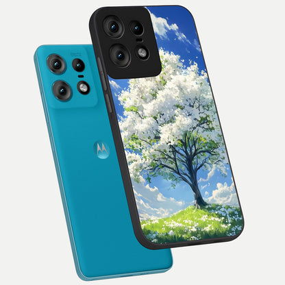  Blossom Sky Serenity phone case For Moto Edge50 Pro showing premium glass back cover with detailed artwork