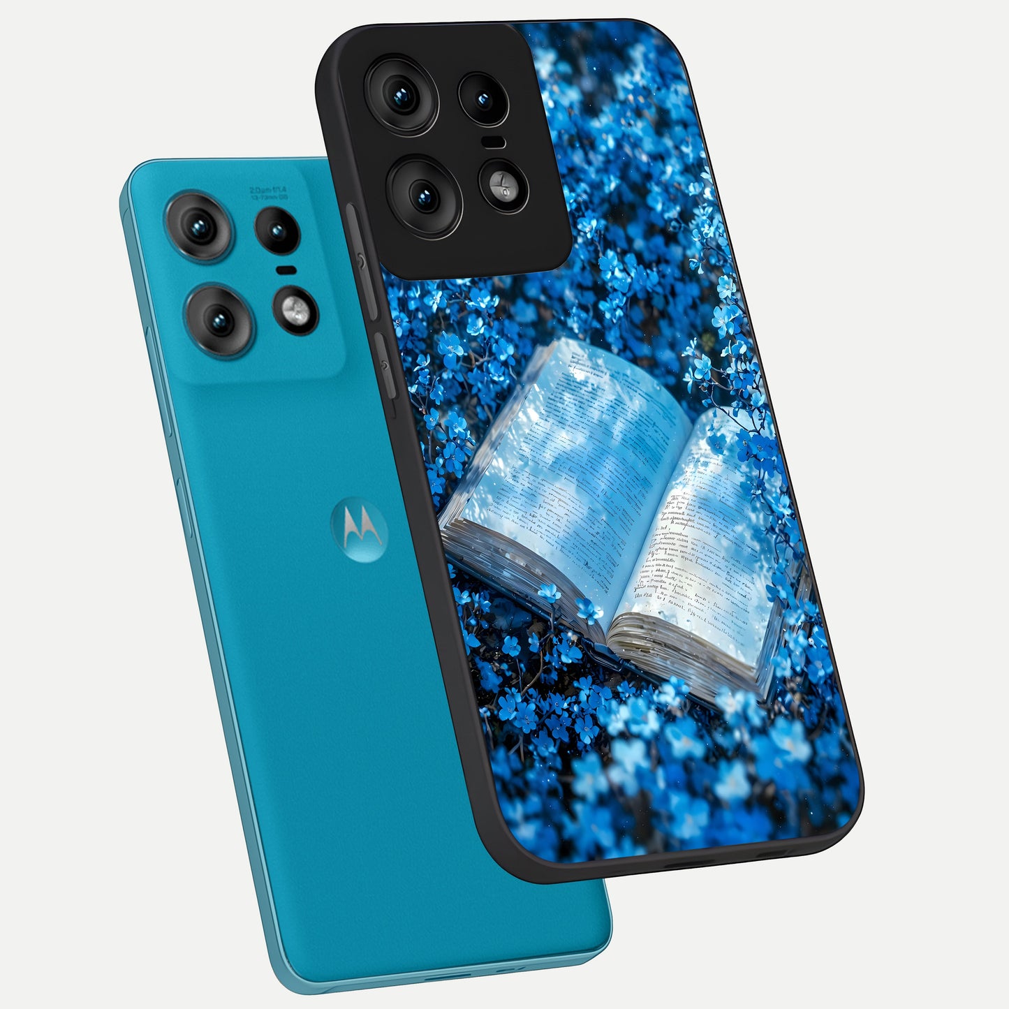  Blue Bloom Tales phone case For Moto Edge50 Pro showing premium glass back cover with detailed artwork