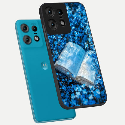  Blue Bloom Tales phone case For Moto Edge50 Pro showing premium glass back cover with detailed artwork