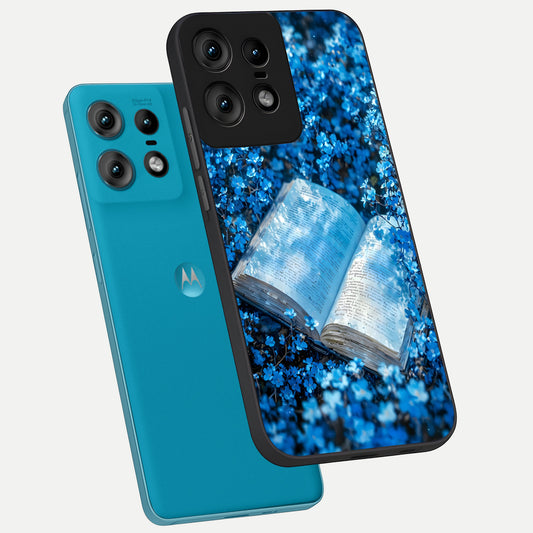  Blue Bloom Tales phone case For Moto Edge50 Pro showing premium glass back cover with detailed artwork