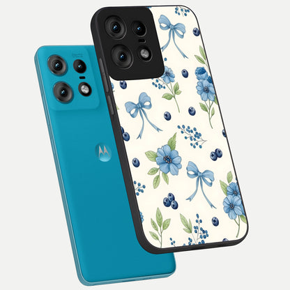  Blue Flower And Bow phone case For Moto Edge50 Pro showing premium glass back cover with detailed artwork
