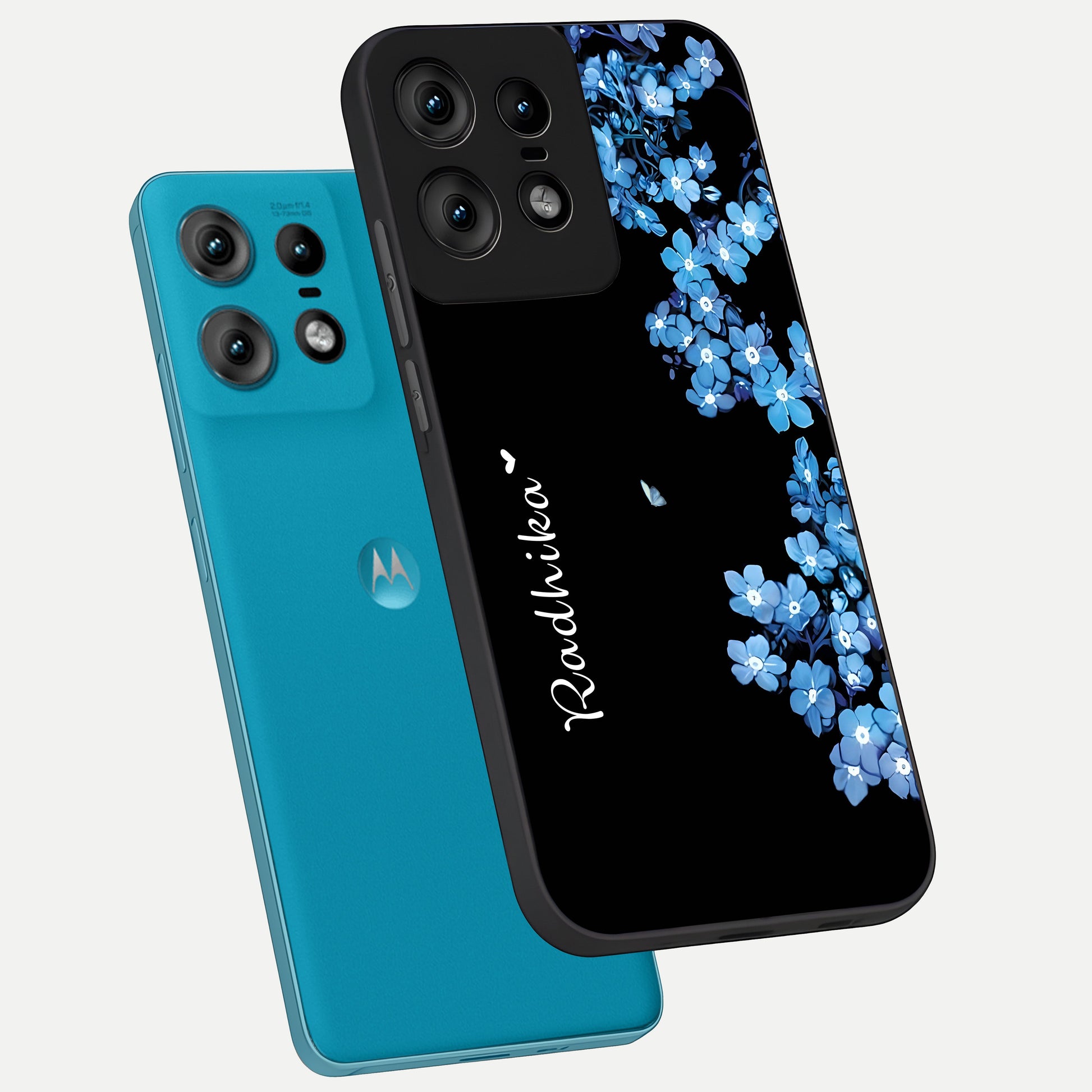  Blue Petal Dream Custom Name phone case For Moto Edge50 Pro showing premium glass back cover with detailed artwork