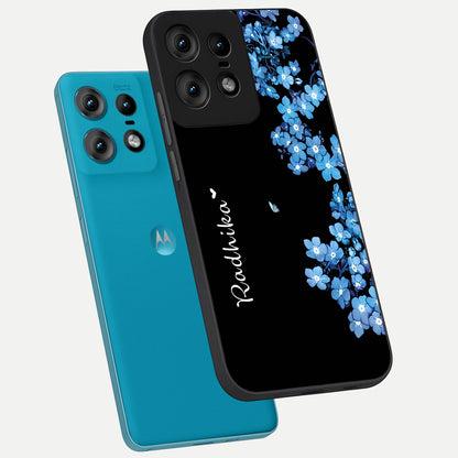  Blue Petal Dream Custom Name phone case For Moto Edge50 Pro showing premium glass back cover with detailed artwork