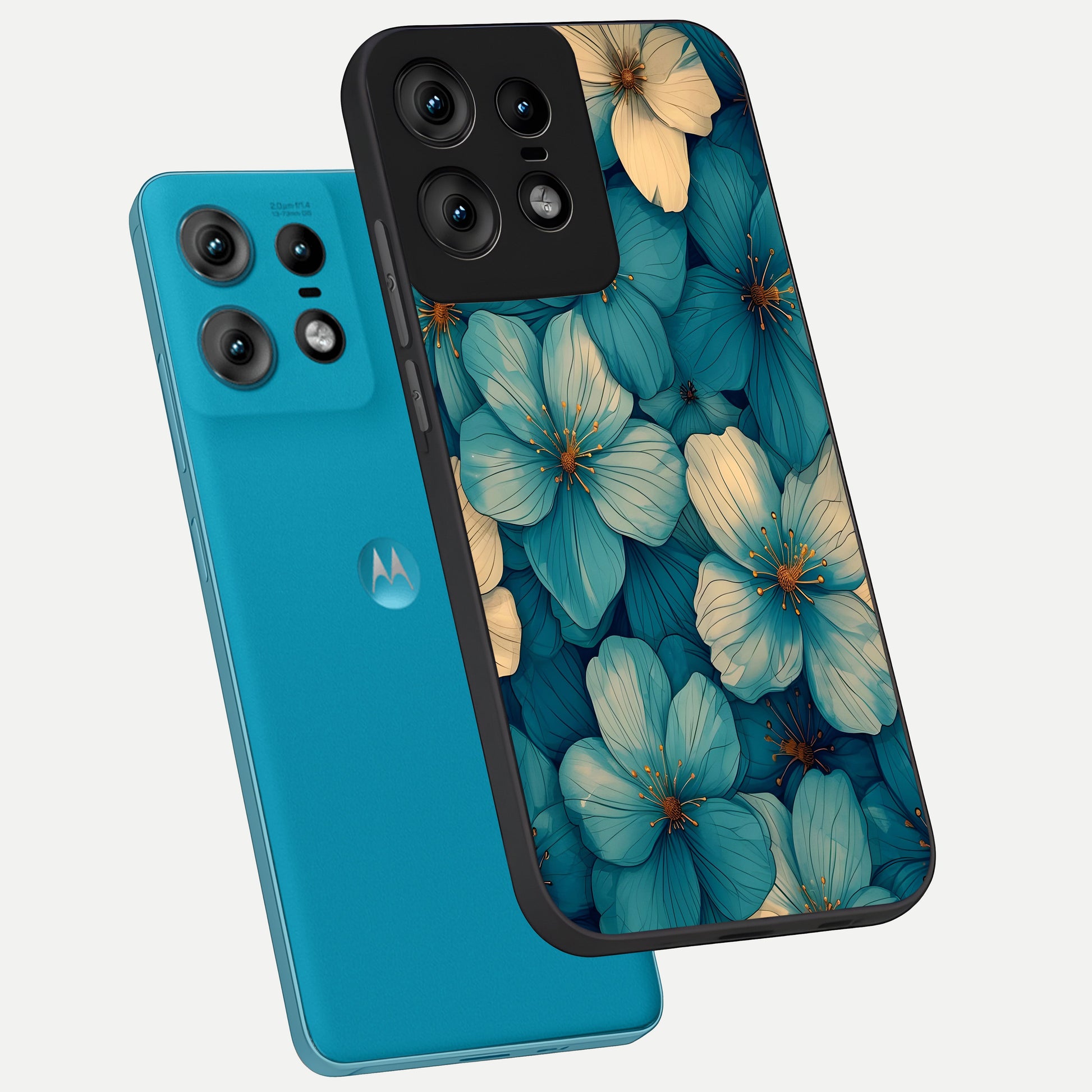  Blue Shade Floral phone case For Moto Edge50 Pro showing premium glass back cover with detailed artwork
