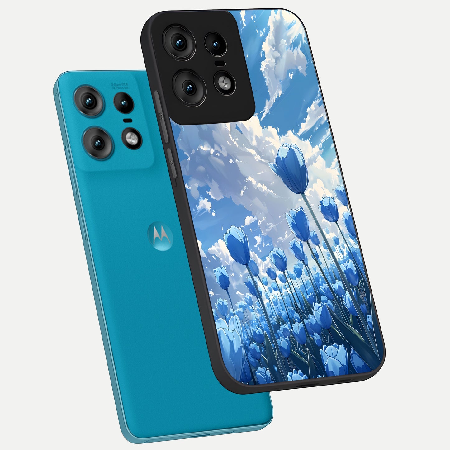  Blue Tulip Clouds phone case For Moto Edge50 Pro showing premium glass back cover with detailed artwork