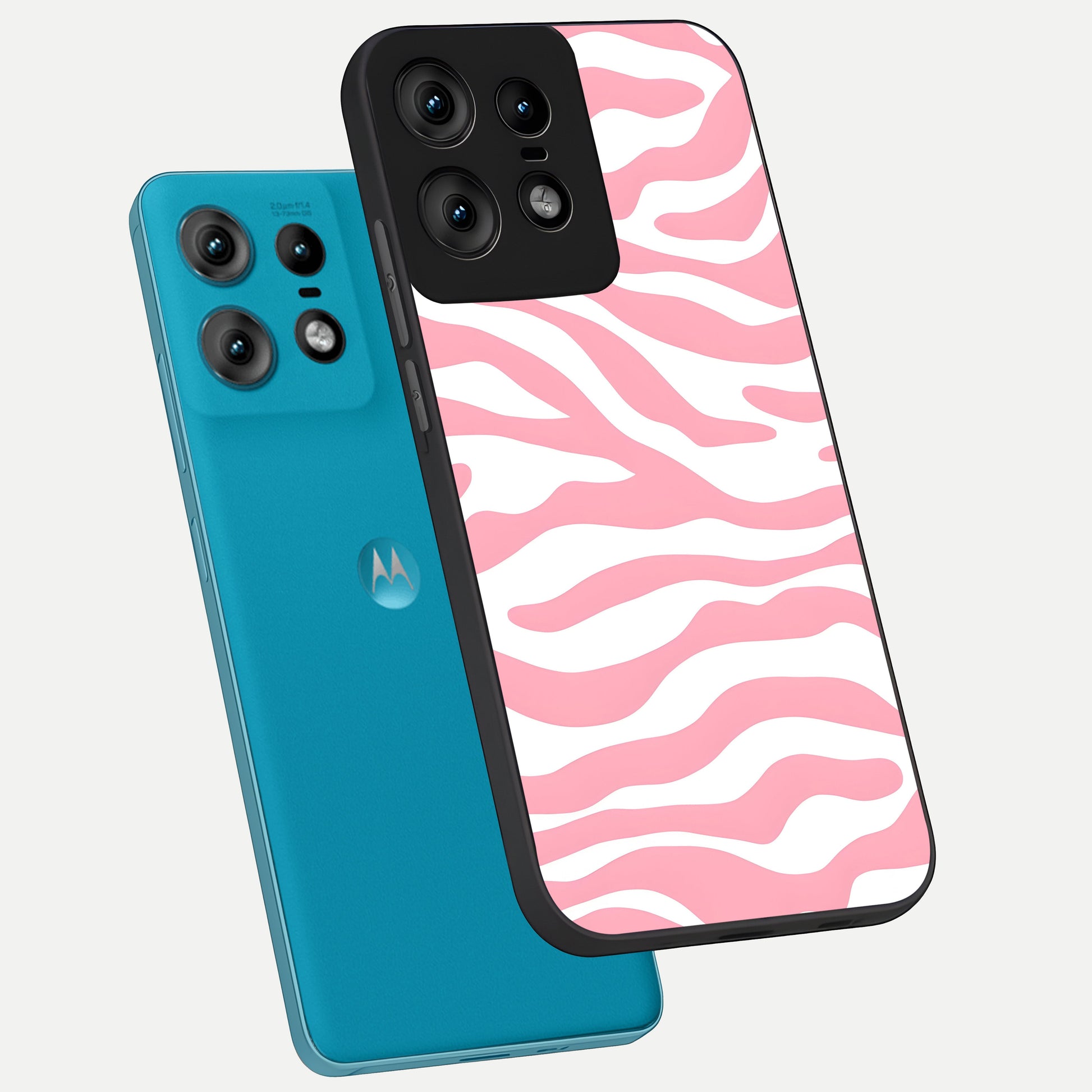  Blush Zebra Flow phone case For Moto Edge50 Pro showing premium glass back cover with detailed artwork