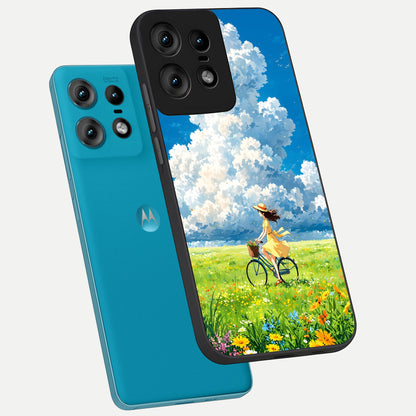  Breezy Meadow Ride phone case For Moto Edge50 Pro showing premium glass back cover with detailed artwork