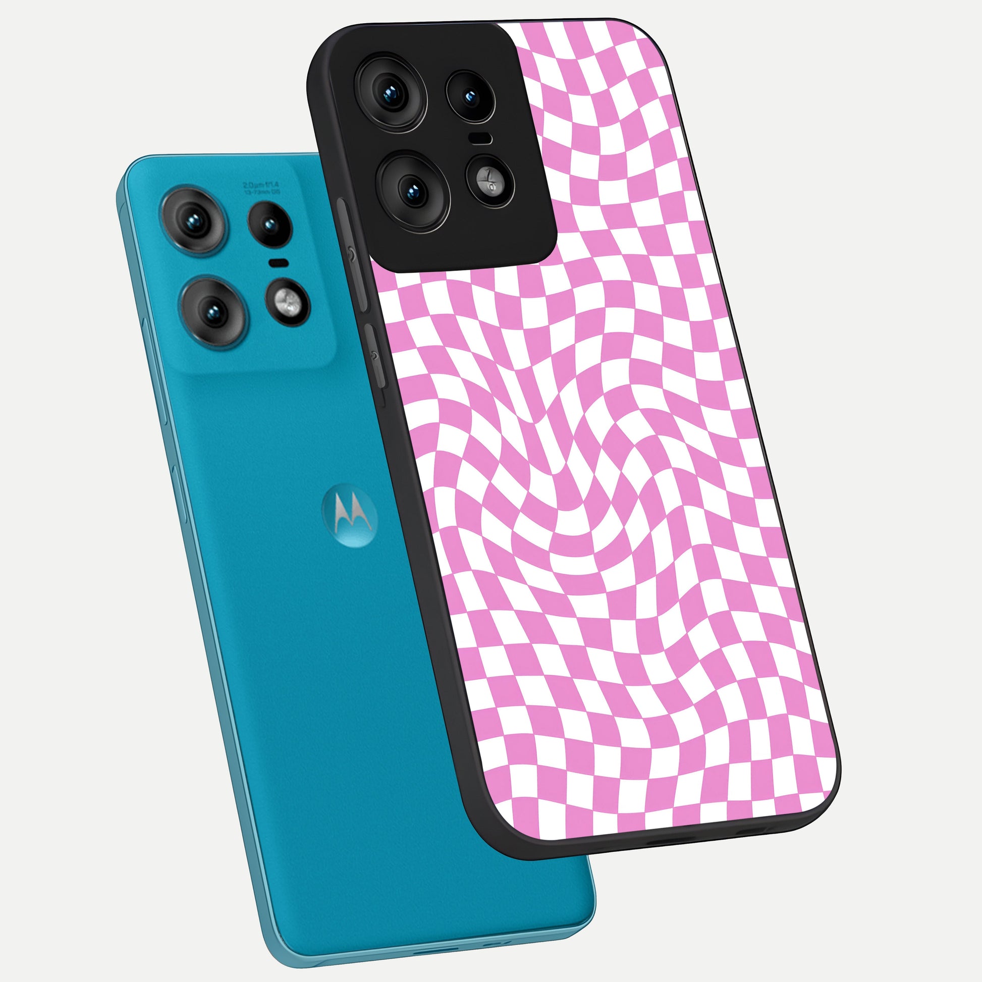  Bubblegum Check Wave phone case For Moto Edge50 Pro showing premium glass back cover with detailed artwork