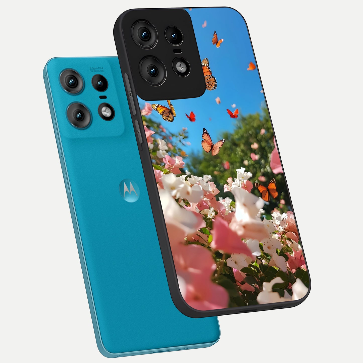  Butterflies In Bloom Sky phone case For Moto Edge50 Pro showing premium glass back cover with detailed artwork