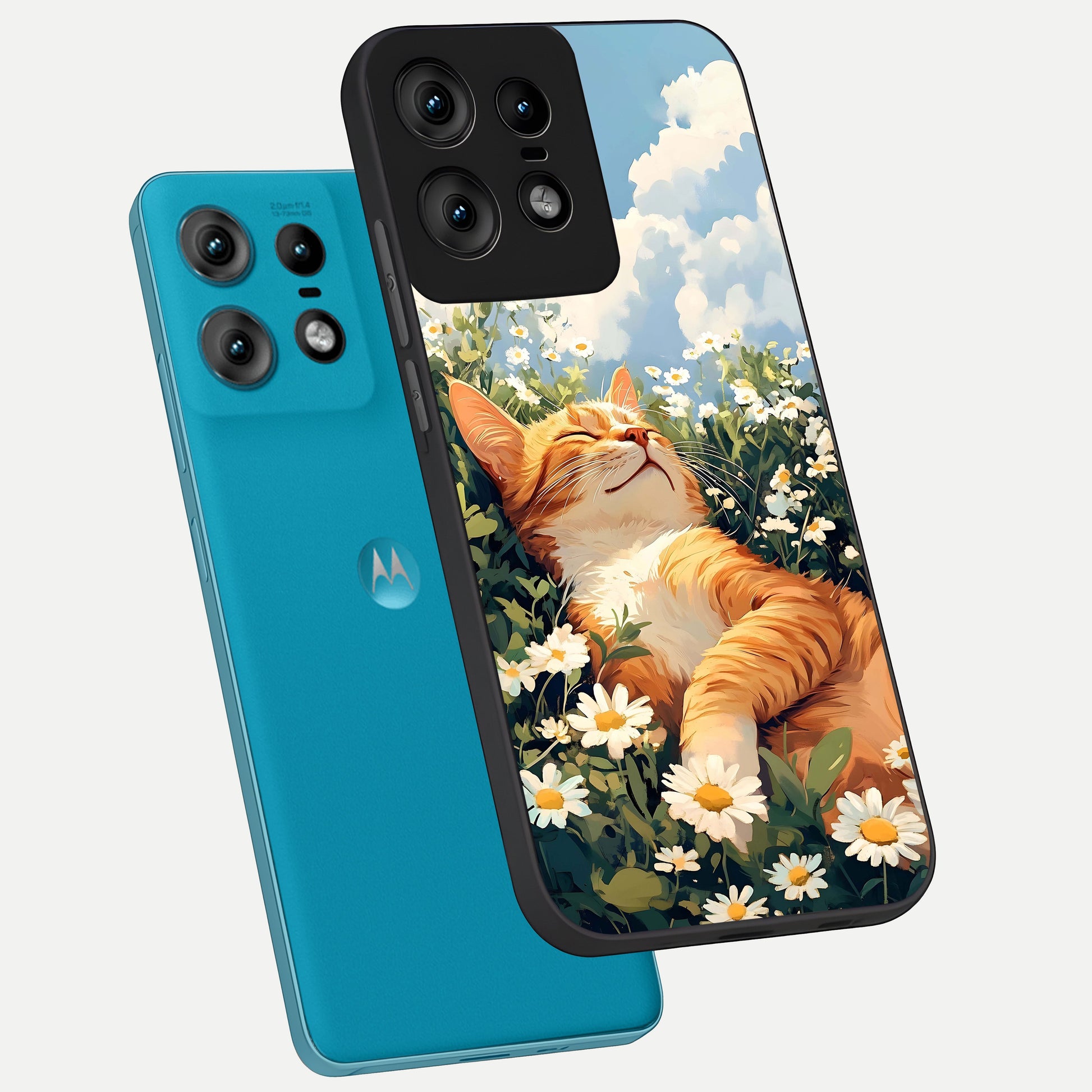  Cat And Flowers View phone case For Moto Edge50 Pro showing premium glass back cover with detailed artwork
