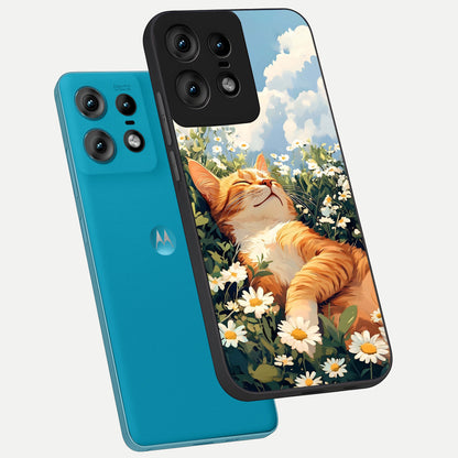  Cat And Flowers View phone case For Moto Edge50 Pro showing premium glass back cover with detailed artwork