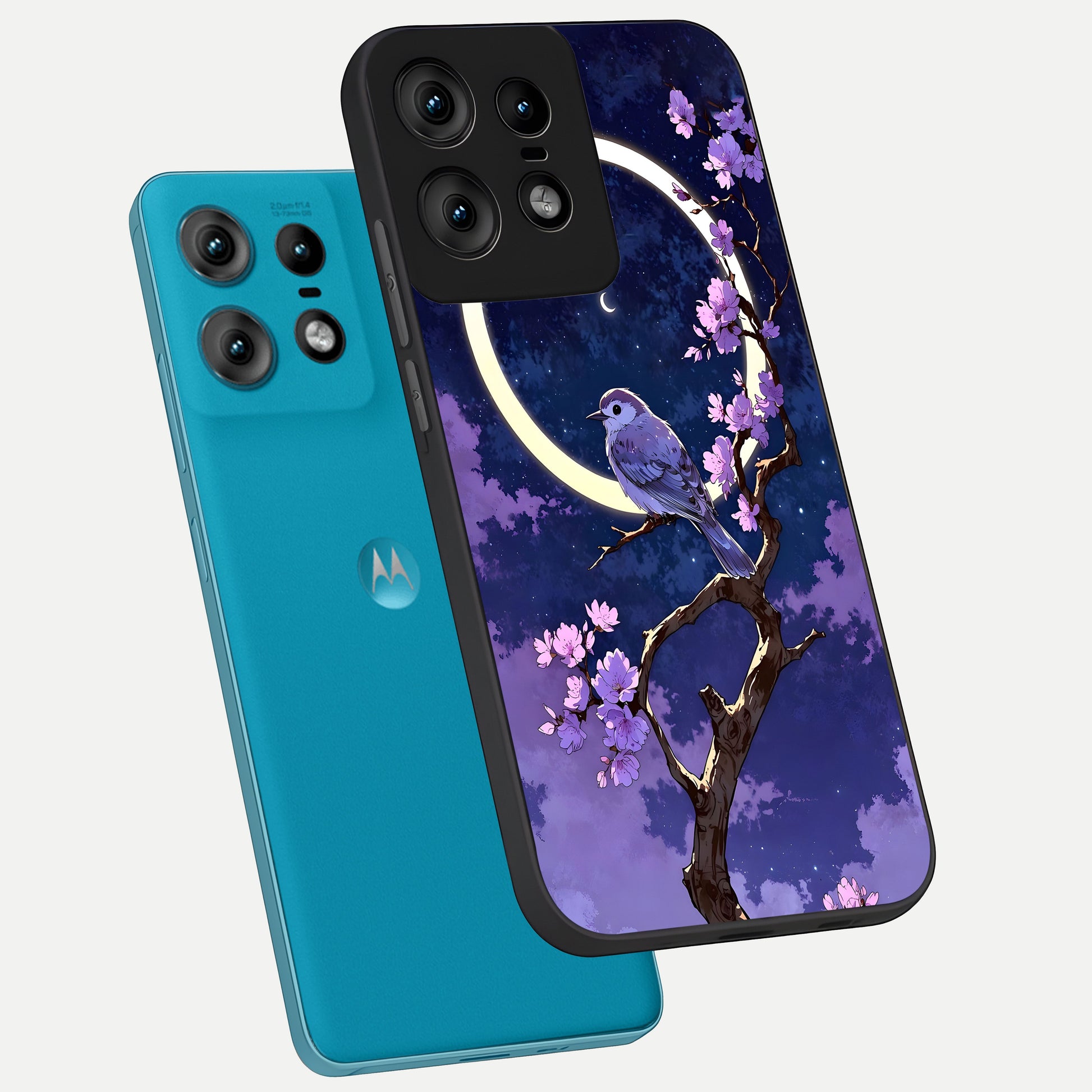  Celestial Bird Blossom phone case For Moto Edge50 Pro showing premium glass back cover with detailed artwork