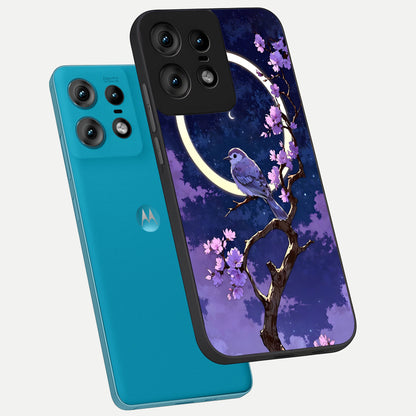  Celestial Bird Blossom phone case For Moto Edge50 Pro showing premium glass back cover with detailed artwork