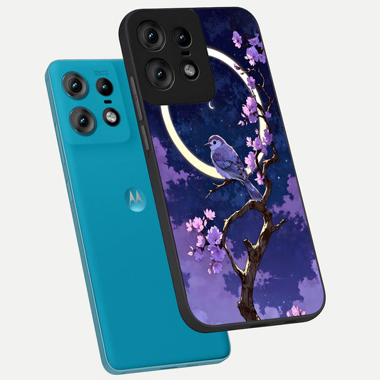  Celestial Bird Blossom phone case For Moto Edge50 Pro showing premium glass back cover with detailed artwork