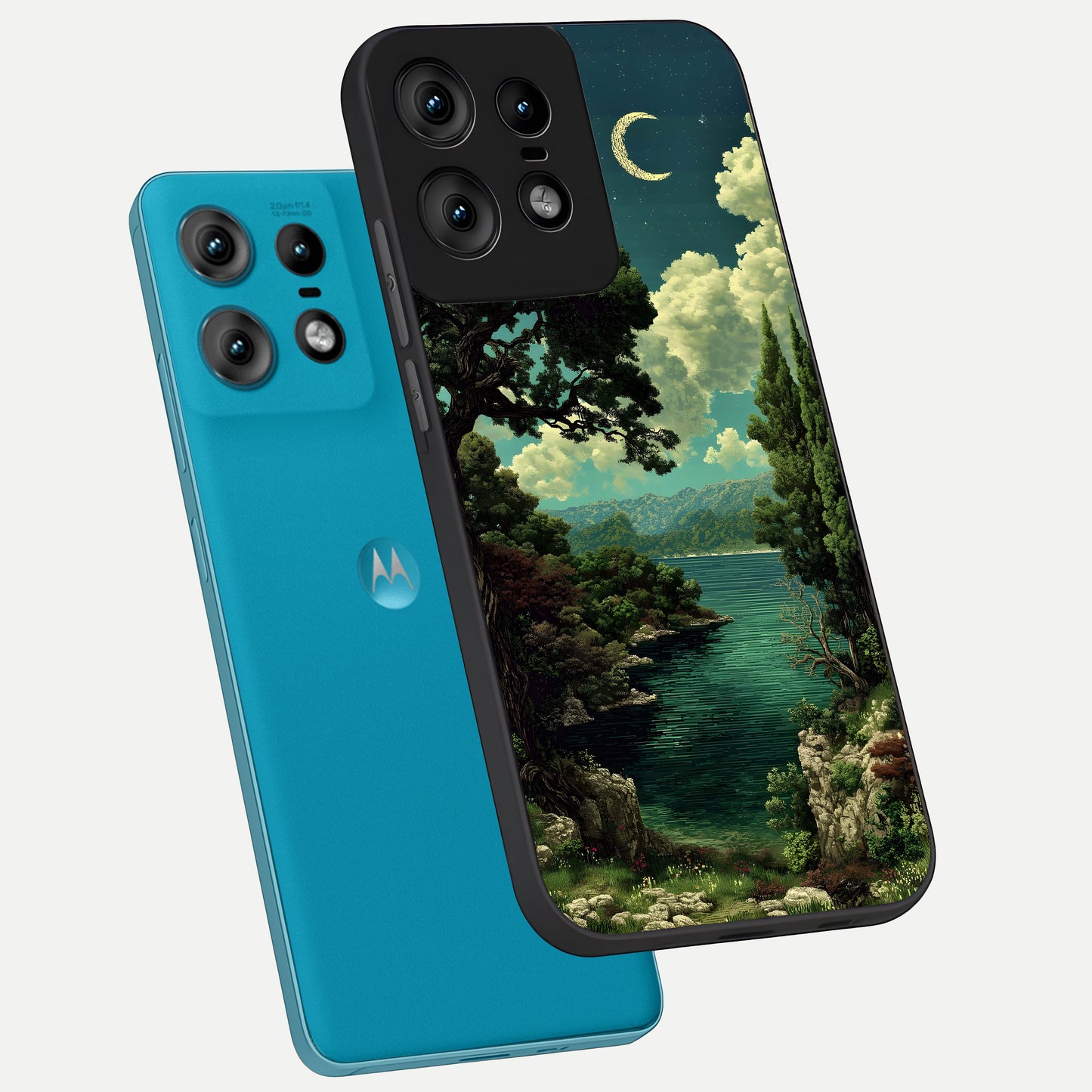  Celestial Lake Peace phone case For Moto Edge50 Pro showing premium glass back cover with detailed artwork