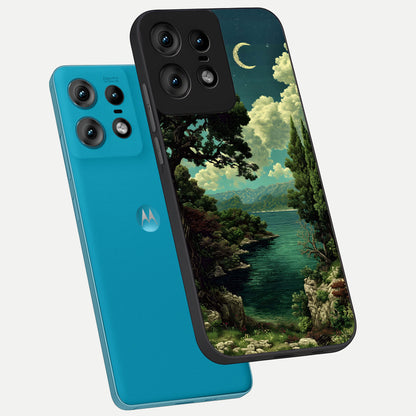  Celestial Lake Peace phone case For Moto Edge50 Pro showing premium glass back cover with detailed artwork