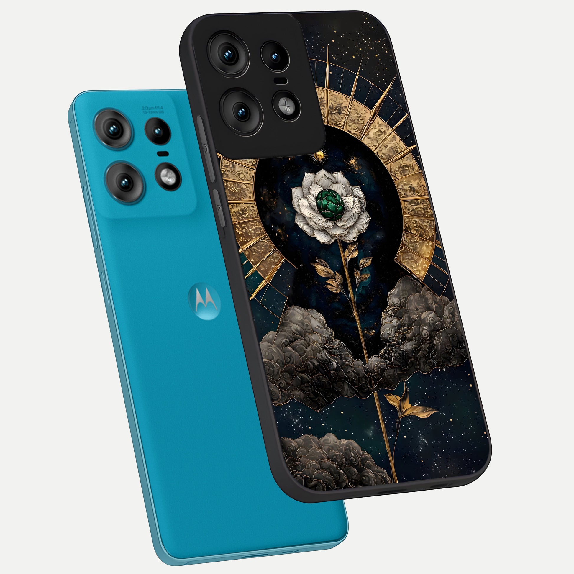  Celestial Lotus Morang phone case For Moto Edge50 Pro showing premium glass back cover with detailed artwork