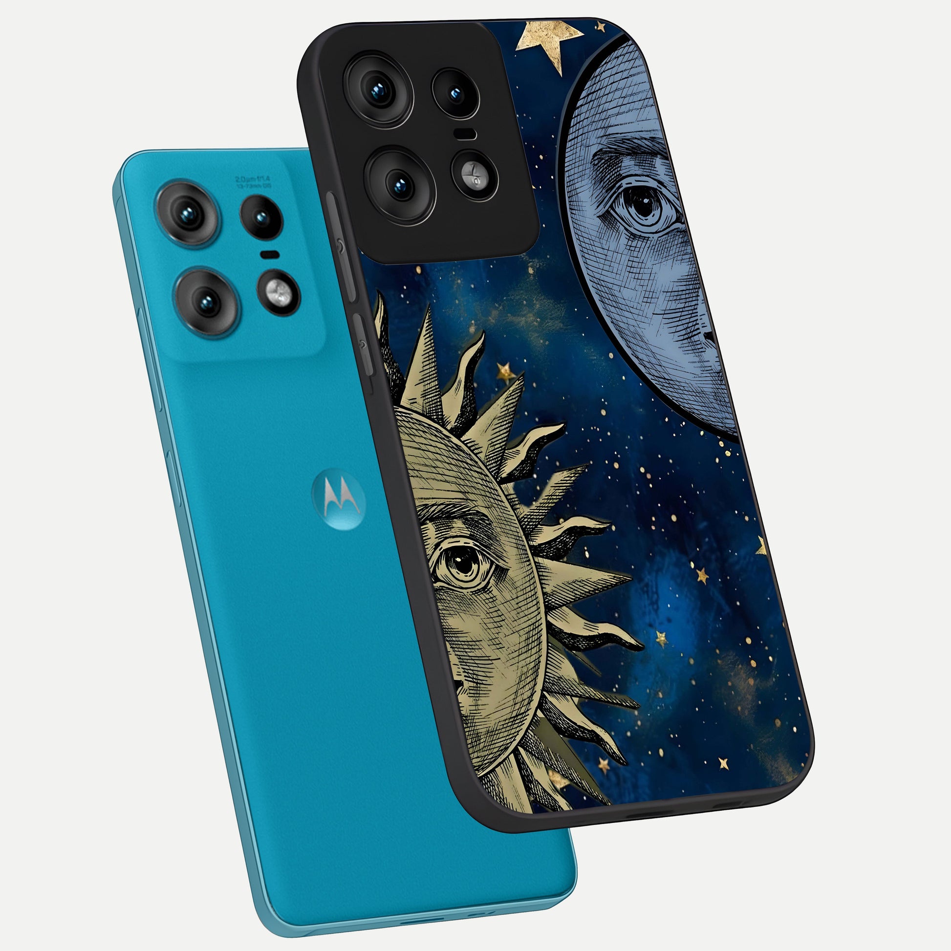  Celestial Moon With Sun phone case For Moto Edge50 Pro showing premium glass back cover with detailed artwork