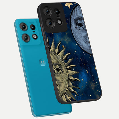  Celestial Moon With Sun phone case For Moto Edge50 Pro showing premium glass back cover with detailed artwork