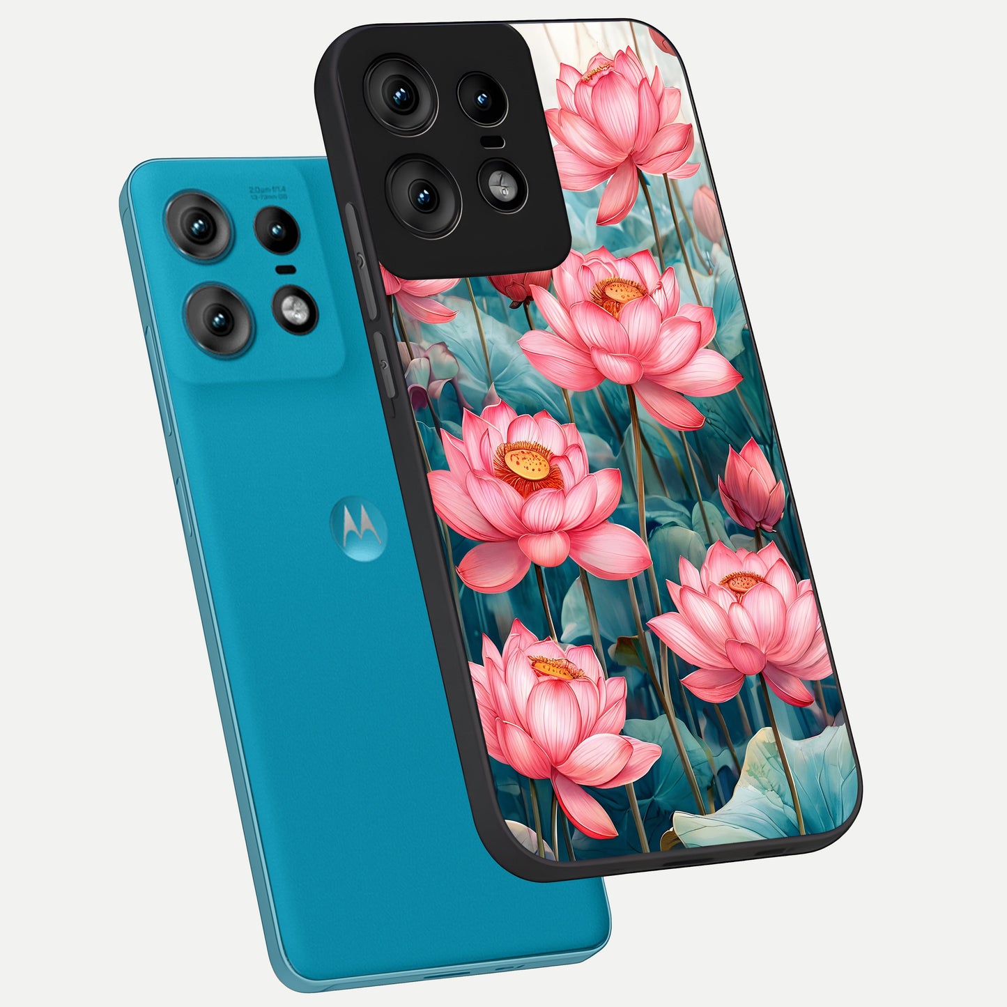  Celestial Pink Lotus phone case For Moto Edge50 Pro showing premium glass back cover with detailed artwork