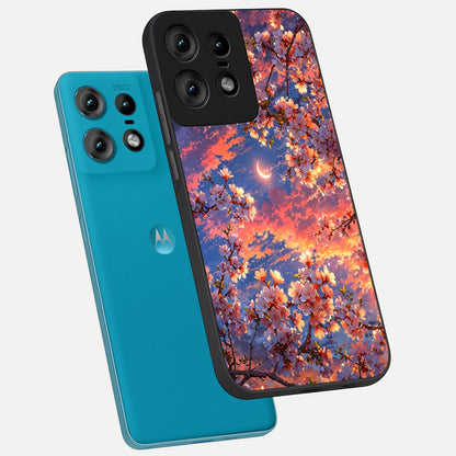  Celestial Sakura Sunset phone case For Moto Edge50 Pro showing premium glass back cover with detailed artwork