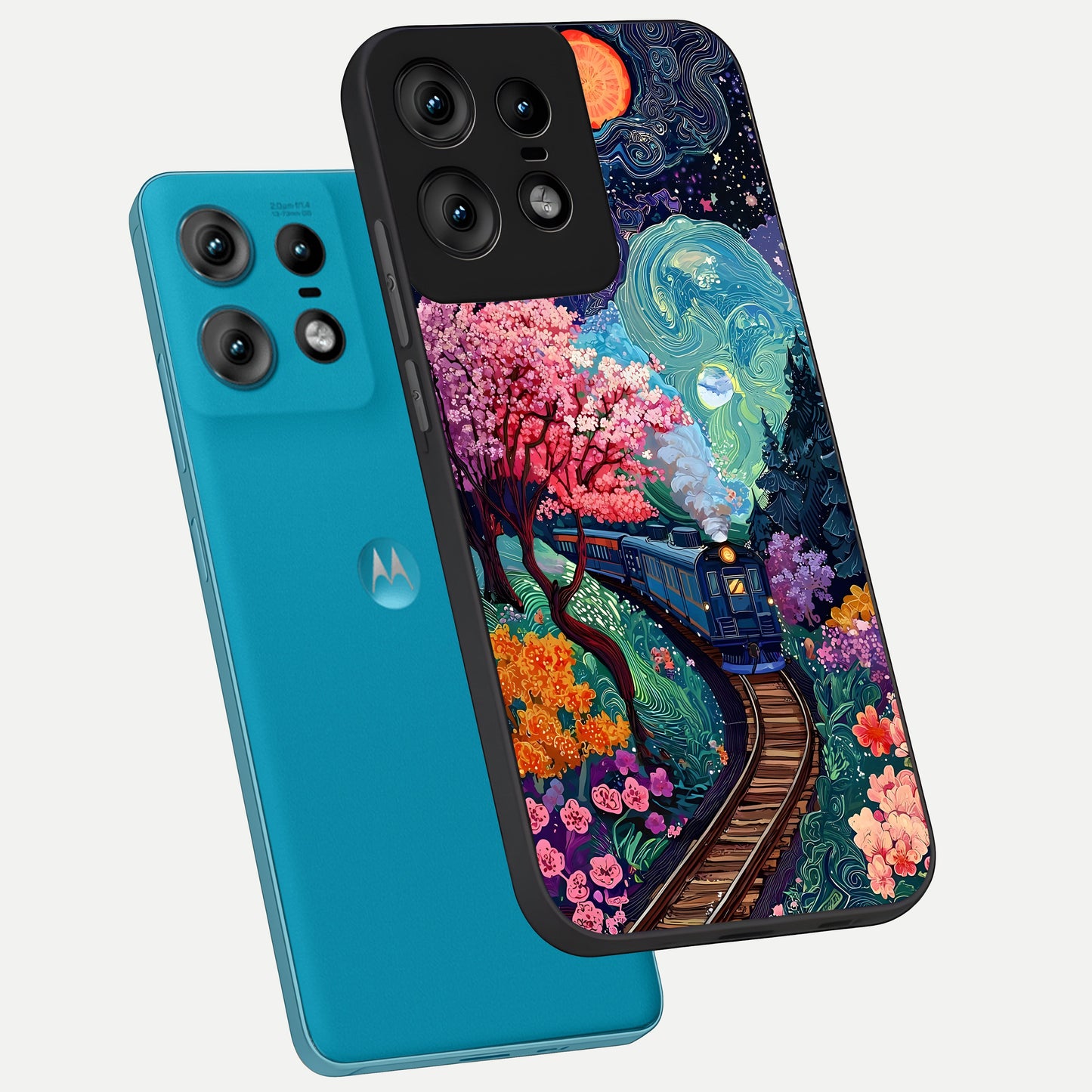  Celestial Train Journey phone case For Moto Edge50 Pro showing premium glass back cover with detailed artwork