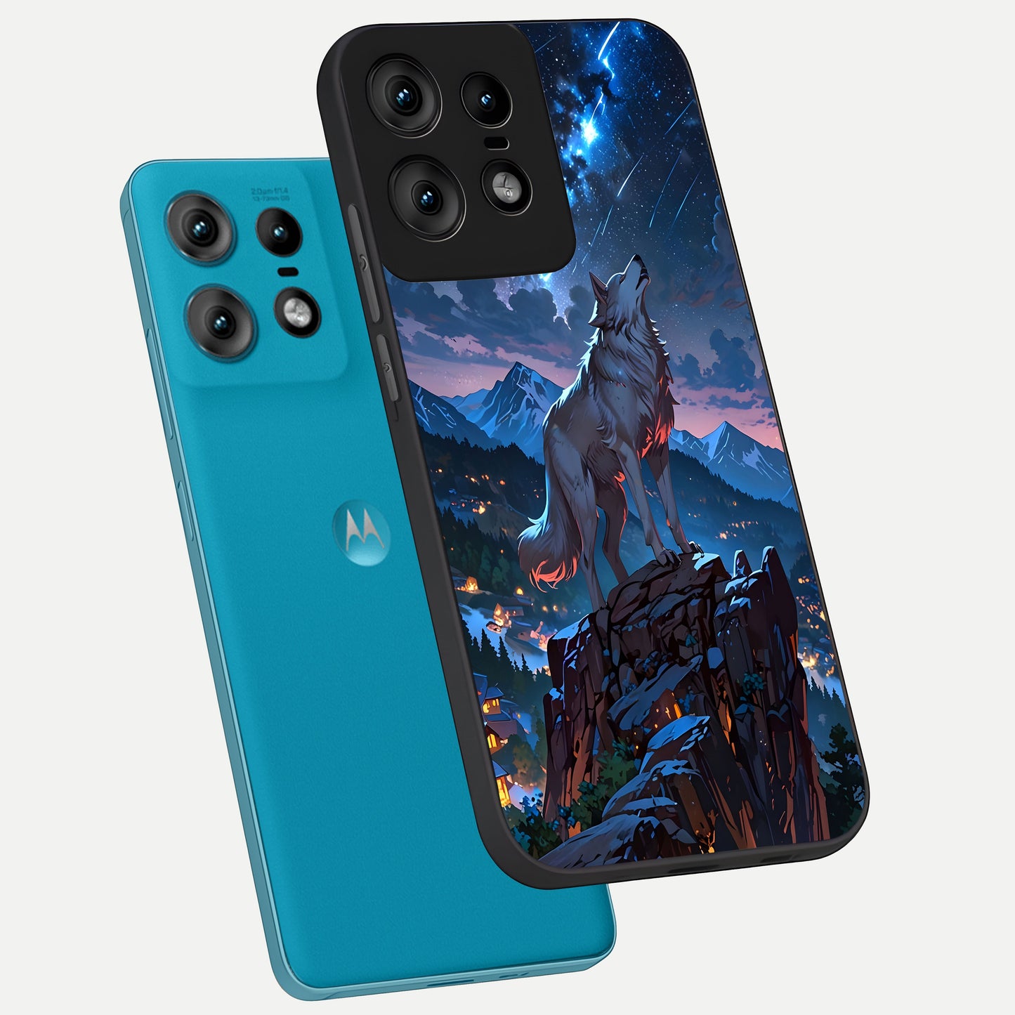  Celestial Wolf Howl phone case For Moto Edge50 Pro showing premium glass back cover with detailed artwork