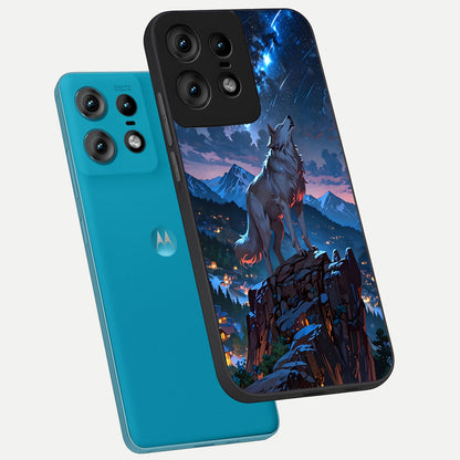  Celestial Wolf Howl phone case For Moto Edge50 Pro showing premium glass back cover with detailed artwork