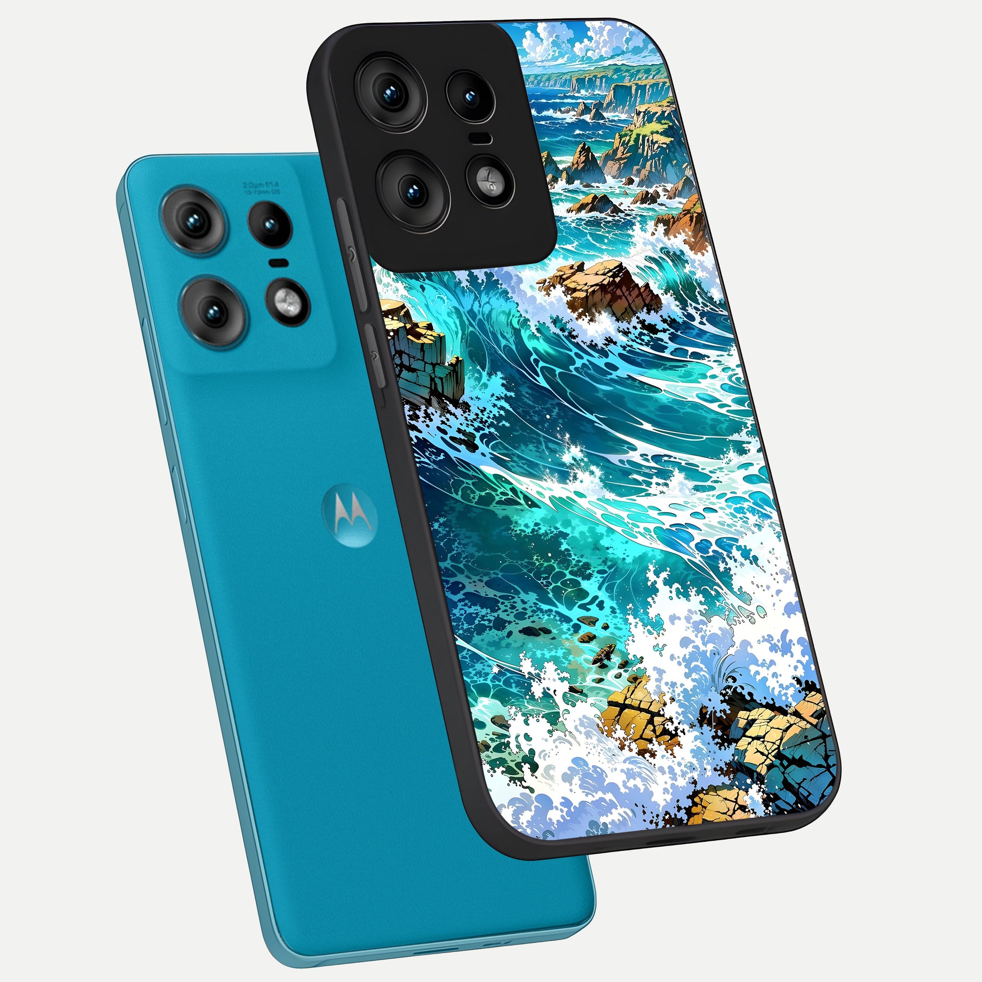  Coastal Blue Waves phone case For Moto Edge50 Pro showing premium glass back cover with detailed artwork