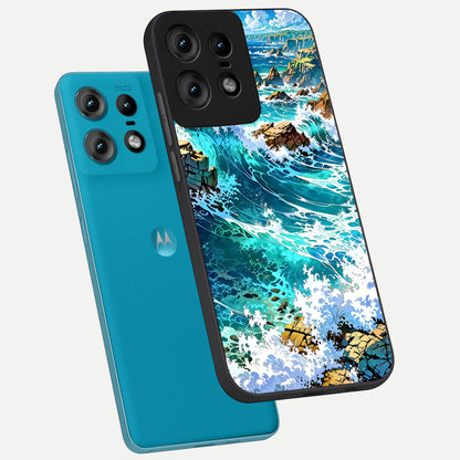  Coastal Blue Waves phone case For Moto Edge50 Pro showing premium glass back cover with detailed artwork