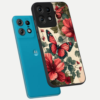  Crimson Butterfly Garden phone case For Moto Edge50 Pro showing premium glass back cover with detailed artwork