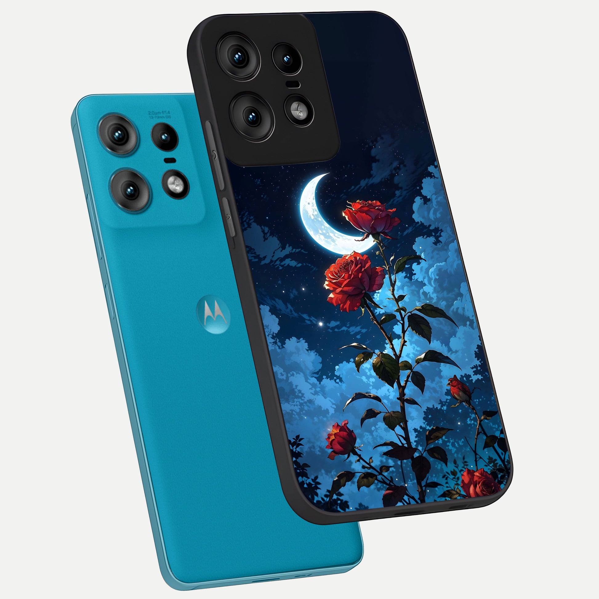  Crimson Rose Moon phone case For Moto Edge50 Pro showing premium glass back cover with detailed artwork