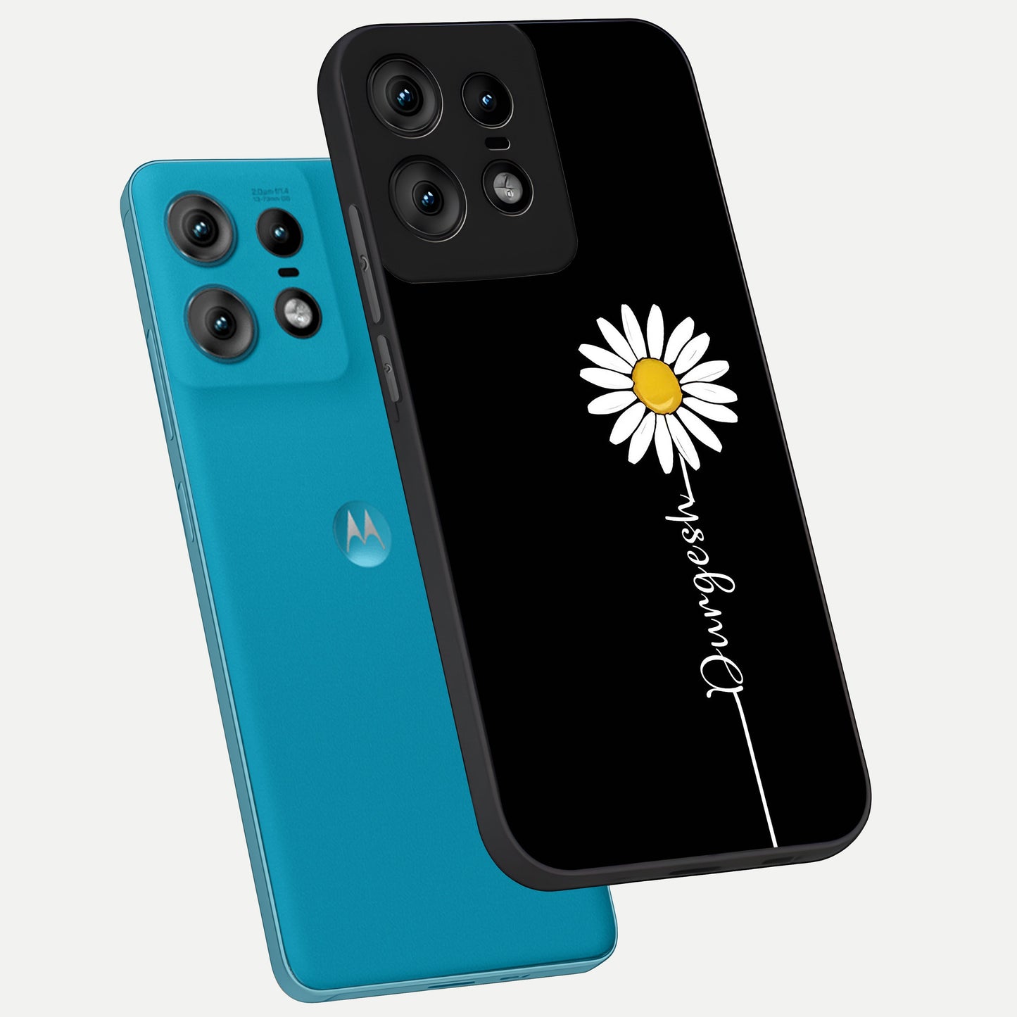  Custom Name White Flower phone case For Moto Edge50 Pro showing premium glass back cover with detailed artwork