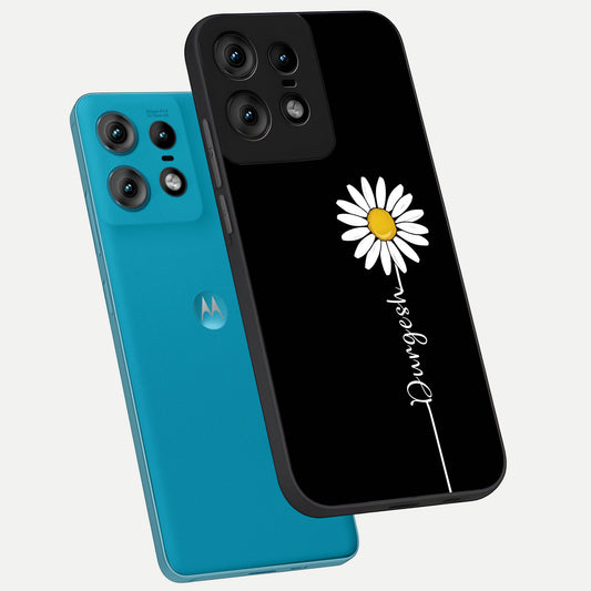  Custom Name White Flower phone case For Moto Edge50 Pro showing premium glass back cover with detailed artwork