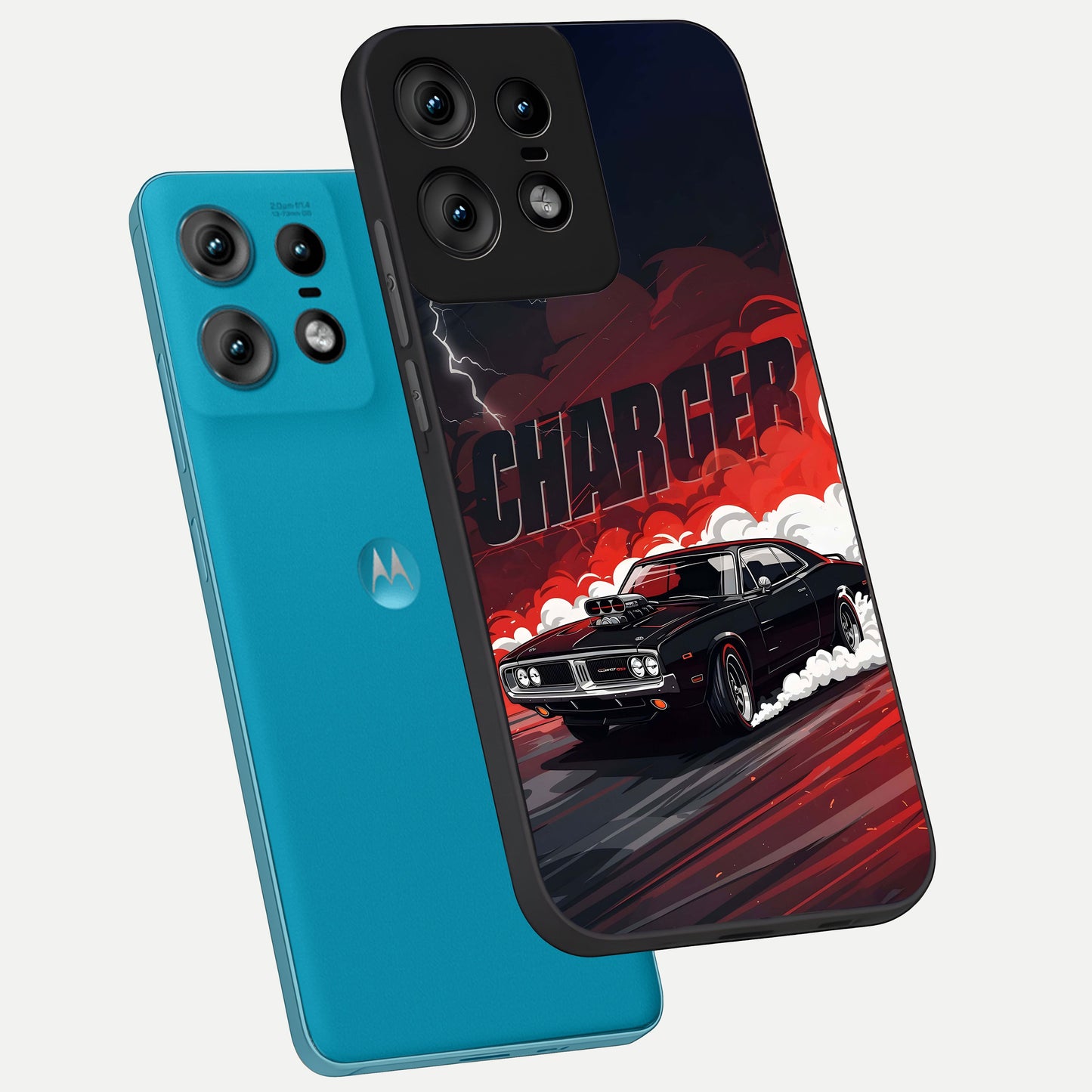  Dark Charger Fury phone case For Moto Edge50 Pro showing premium glass back cover with detailed artwork