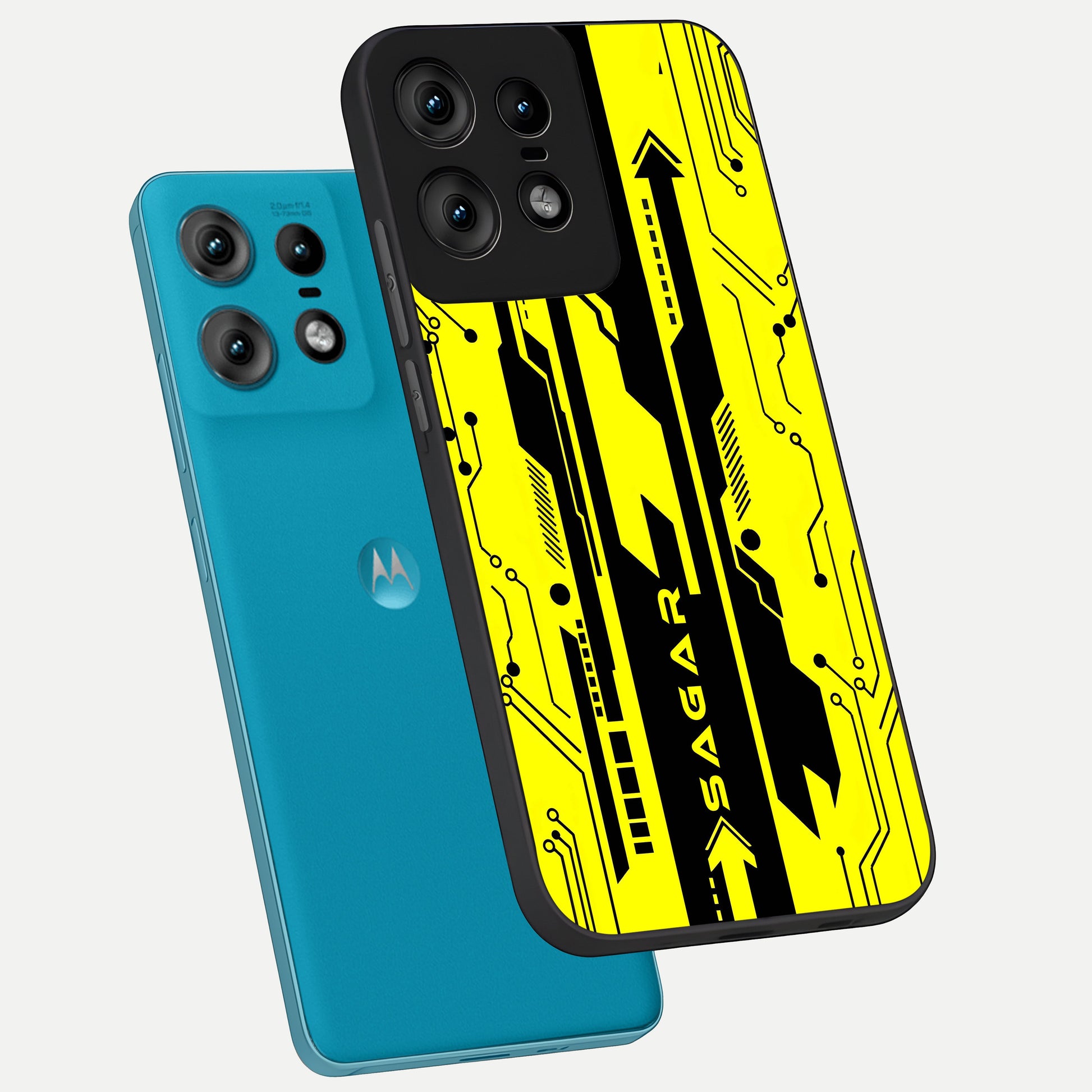  Electric Pulse CYBERPUNK Custom Name phone case For Moto Edge50 Pro showing premium glass back cover with detailed artwork
