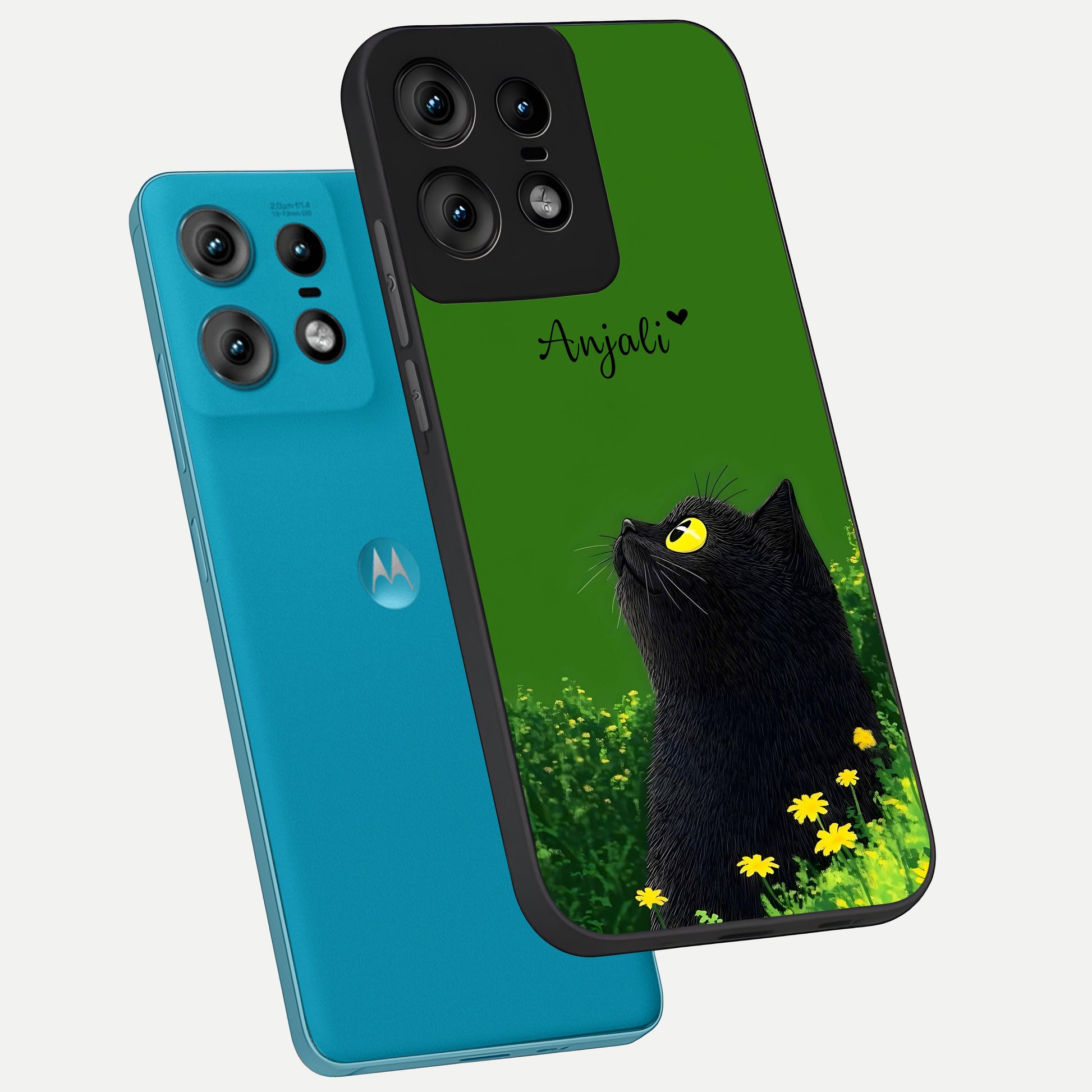  Emerald Cat Custom Name phone case For Moto Edge50 Pro showing premium glass back cover with detailed artwork