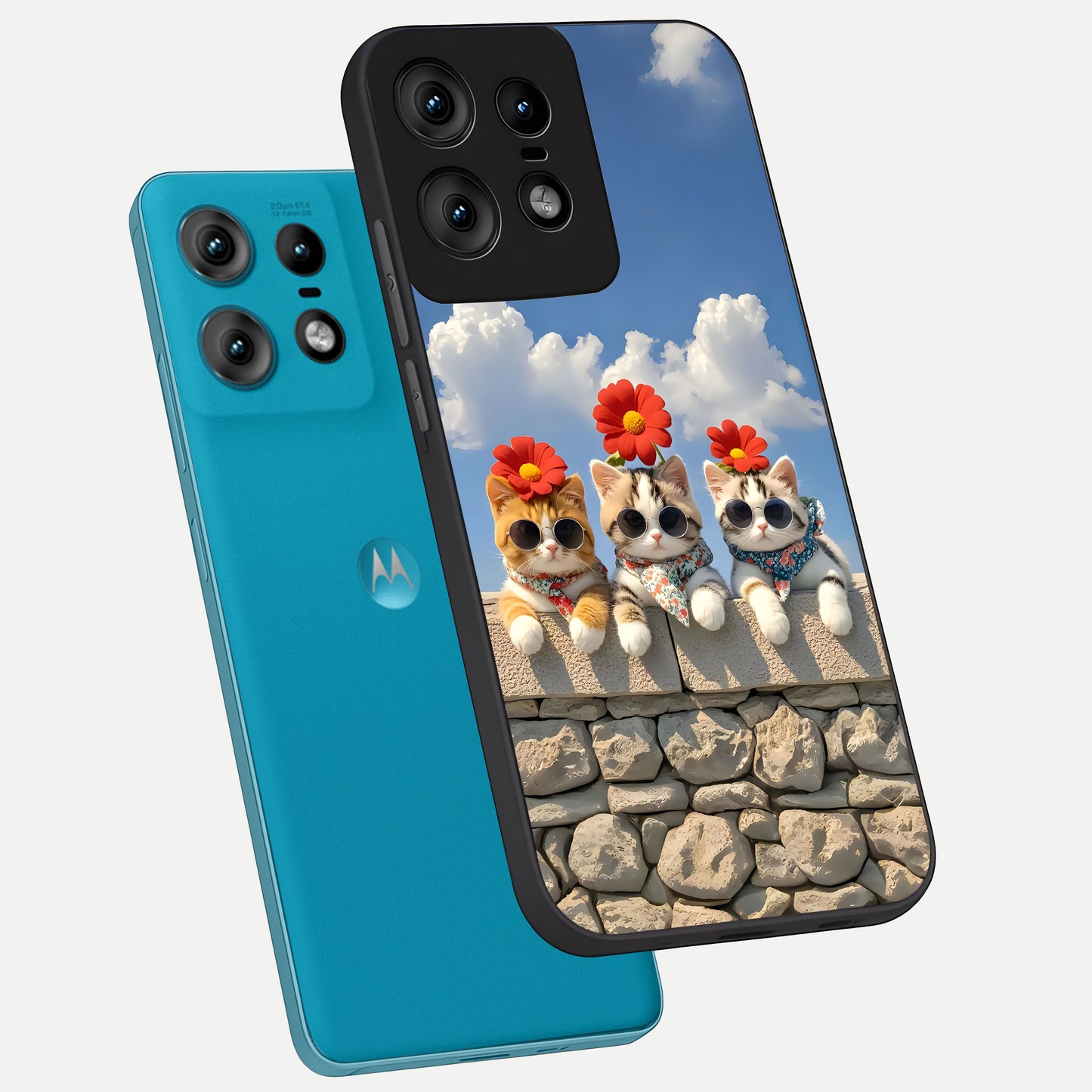  Floral Kitty Squad phone case For Moto Edge50 Pro showing premium glass back cover with detailed artwork