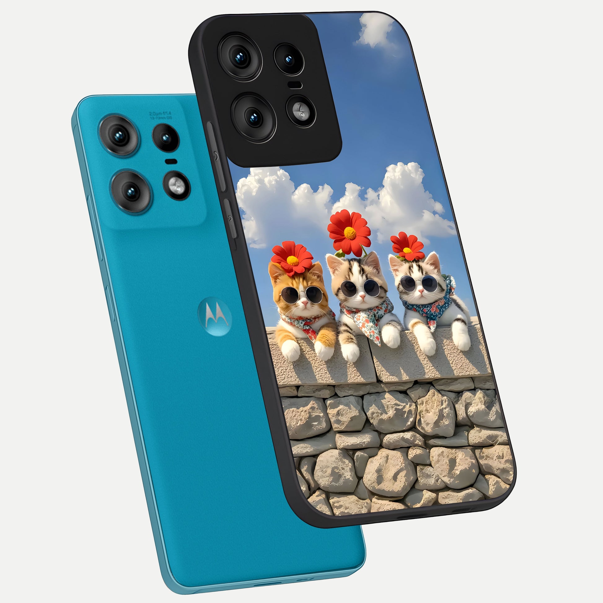  Floral Kitty Squad phone case For Moto Edge50 Pro showing premium glass back cover with detailed artwork