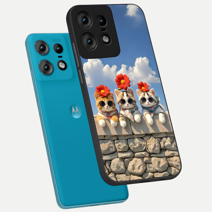  Floral Kitty Squad phone case For Moto Edge50 Pro showing premium glass back cover with detailed artwork