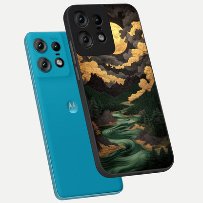  Golden River Moon phone case For Moto Edge50 Pro showing premium glass back cover with detailed artwork