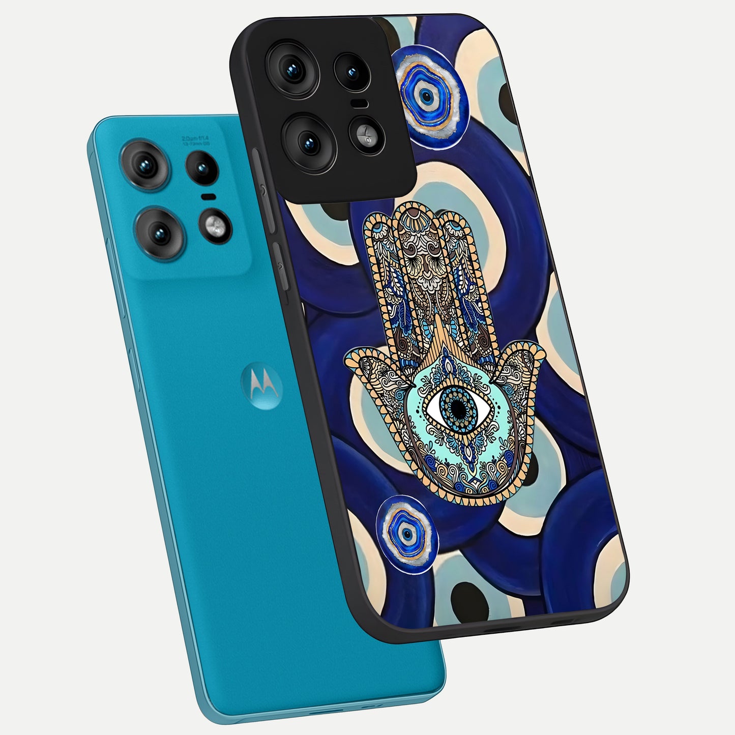  Hamsa Divine Guard phone case For Moto Edge50 Pro showing premium glass back cover with detailed artwork