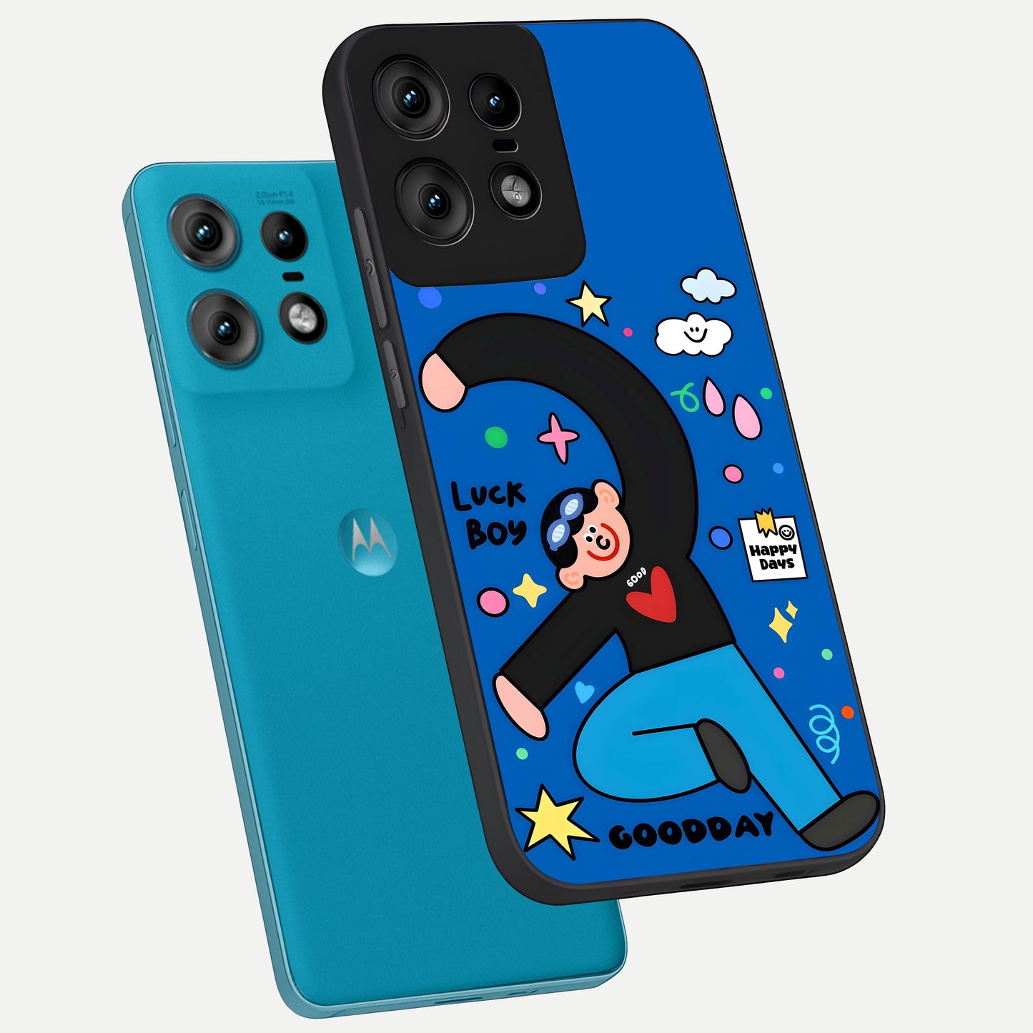  Happy Luck Vibe phone case For Moto Edge50 Pro showing premium glass back cover with detailed artwork