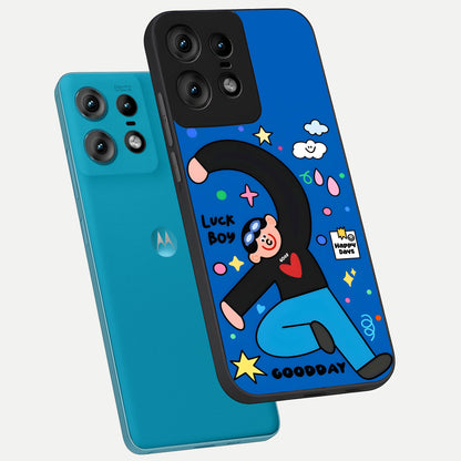  Happy Luck Vibe phone case For Moto Edge50 Pro showing premium glass back cover with detailed artwork