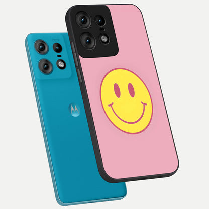  Happy Pink Mood phone case For Moto Edge50 Pro showing premium glass back cover with detailed artwork