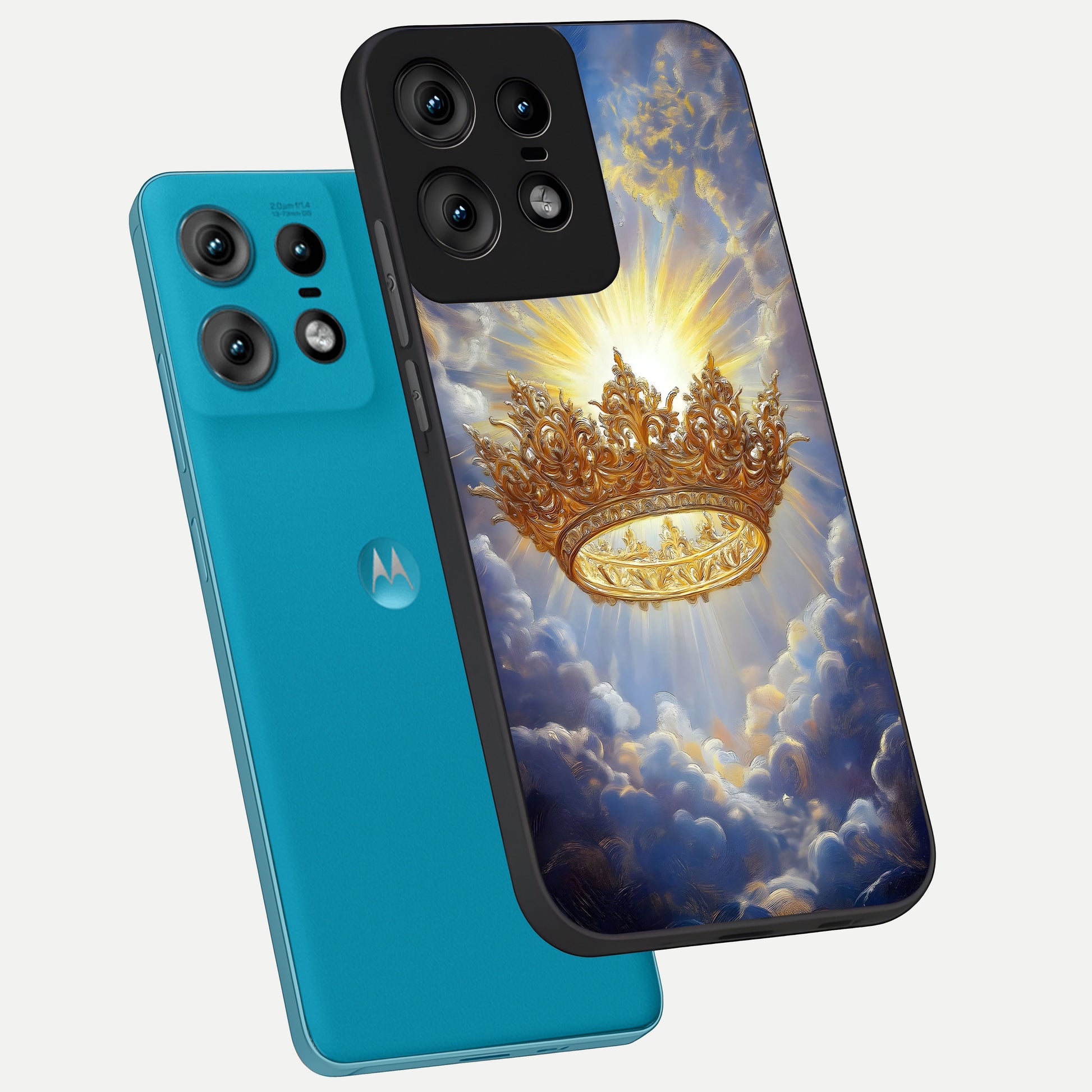  Heavenly Crown Light phone case For Moto Edge50 Pro showing premium glass back cover with detailed artwork
